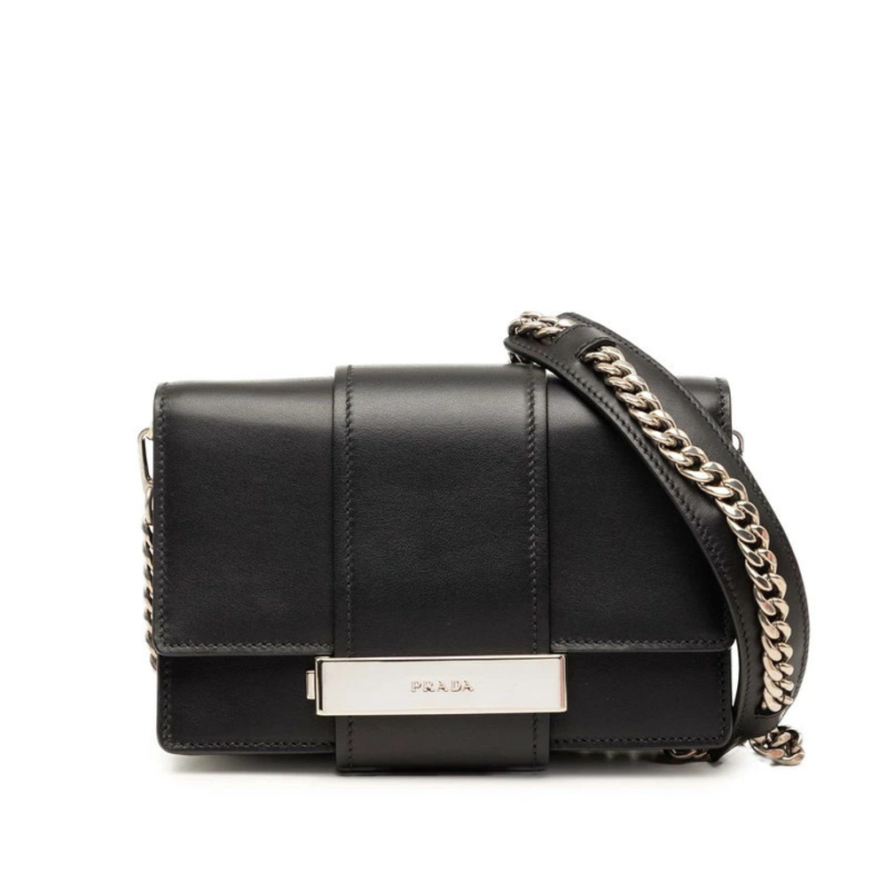 Prada Metal Ribbon Crossbody Chain Shoulder Bag Black City Calf Leather